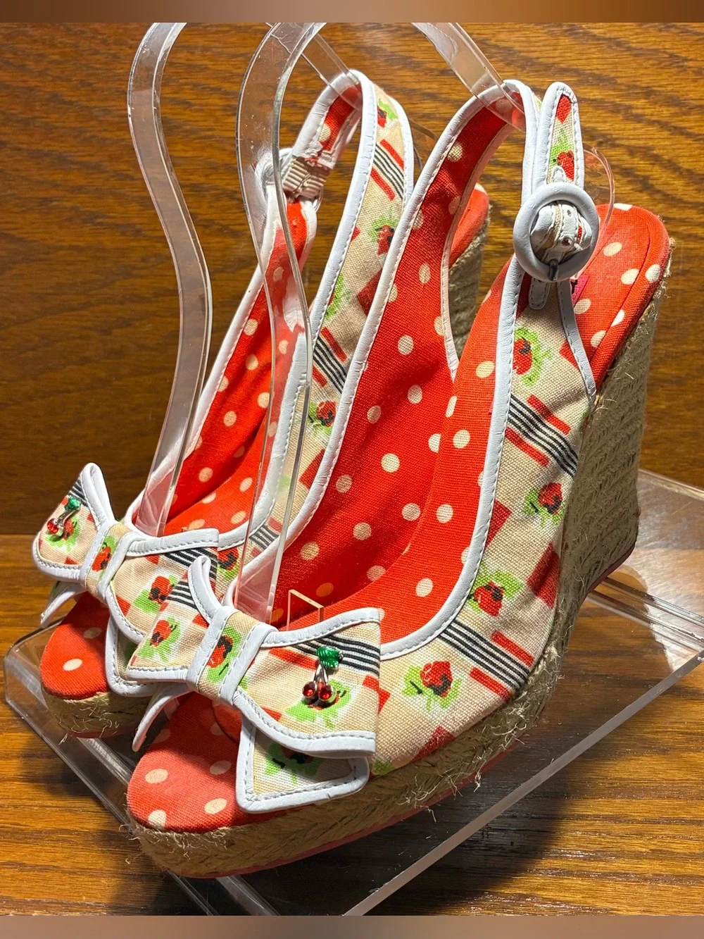 Y2K Vintage Betseyville Cherry Print Bow Slingback Espadrille Wedges Size 8.5
